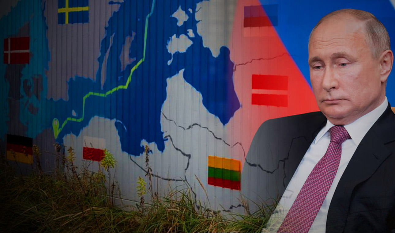 Vladimir Putin juxtoposed against a mural of Ukrainian gas pipelines